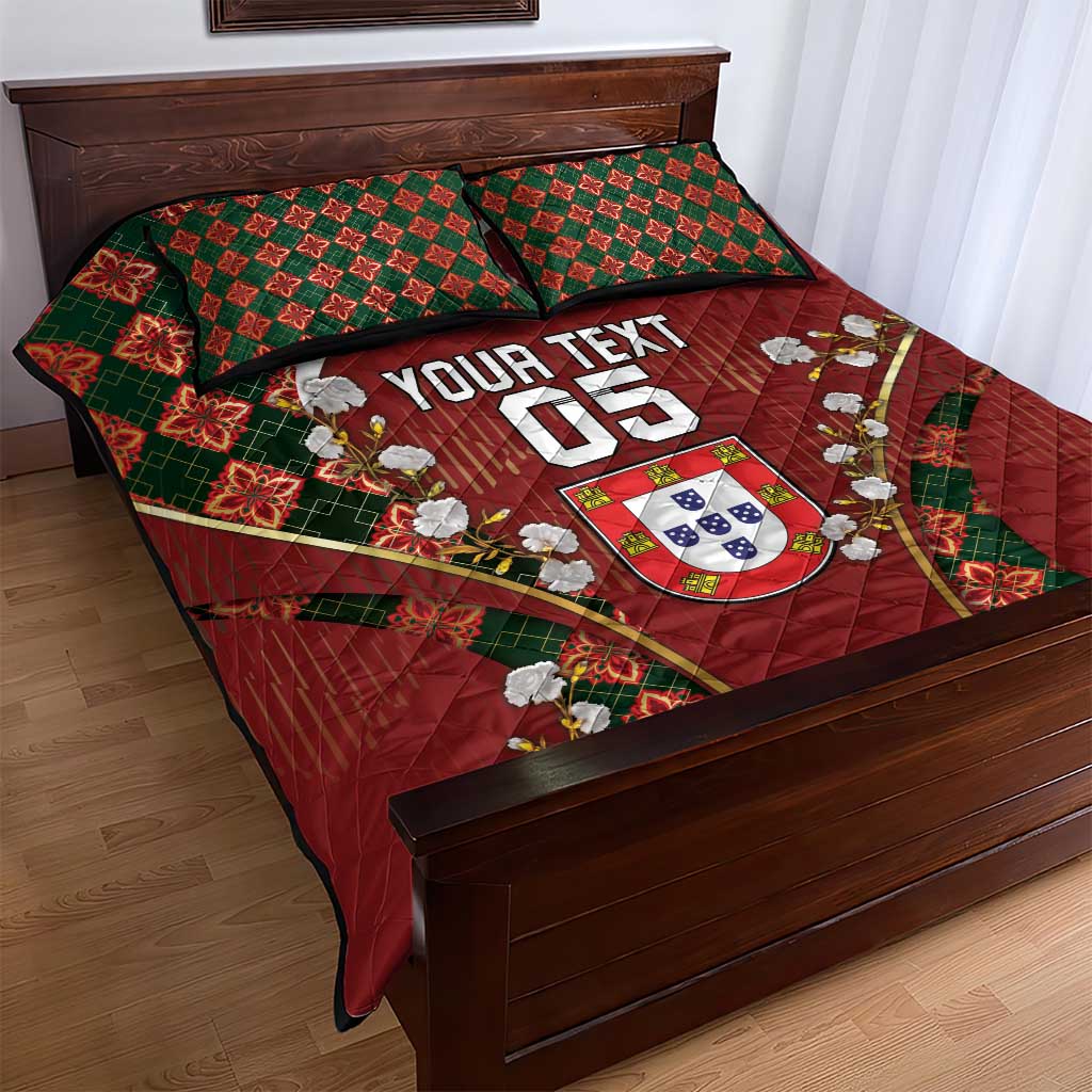 Custom Portugal Football Quilt Bed Set Floral Gold Carnation Crest Pattern Gold Accents