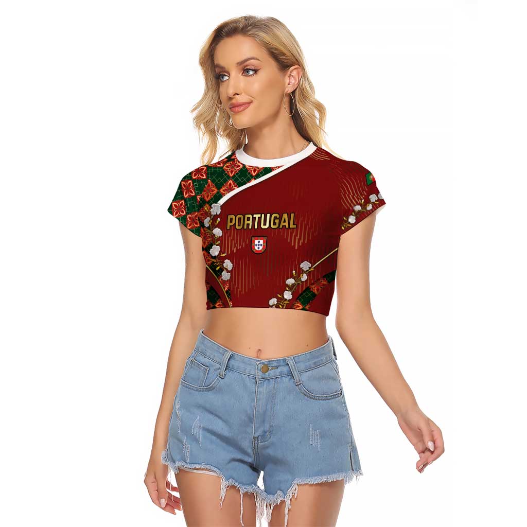 Custom Portugal Football Raglan Cropped T Shirt Floral Gold Carnation Crest Pattern Gold Accents