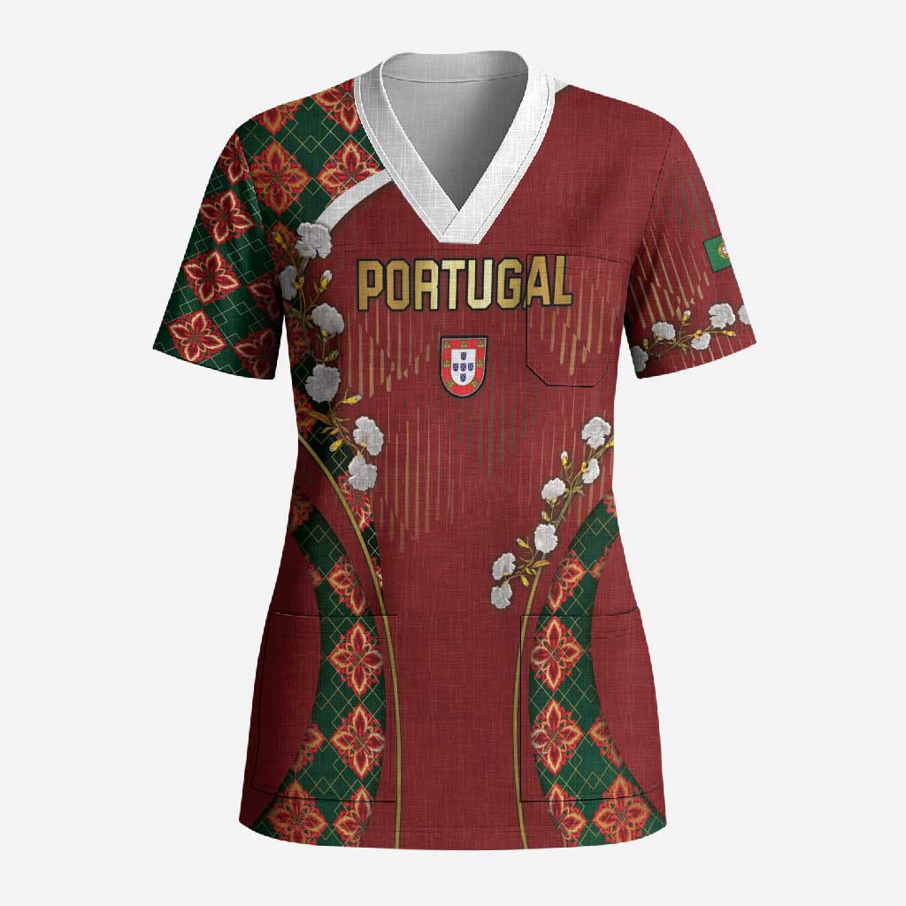 Custom Portugal Football Scrub Top Floral Gold Carnation Crest Pattern Gold Accents