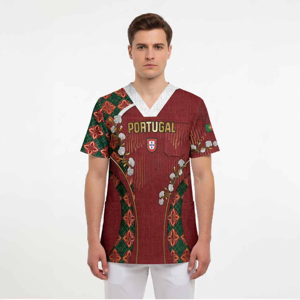Custom Portugal Football Scrub Top Floral Gold Carnation Crest Pattern Gold Accents