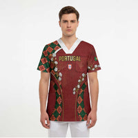 Custom Portugal Football Scrub Top Floral Gold Carnation Crest Pattern Gold Accents