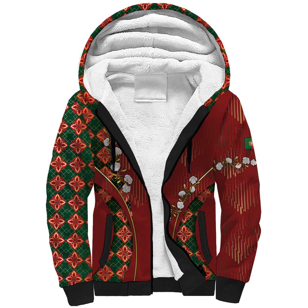 Custom Portugal Football Sherpa Hoodie Floral Gold Carnation Crest Pattern Gold Accents