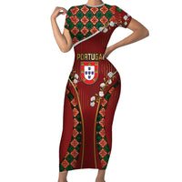 Custom Portugal Football Short Sleeve Bodycon Dress Floral Gold Carnation Crest Pattern Gold Accents