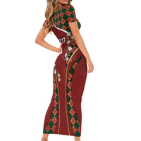 Custom Portugal Football Short Sleeve Bodycon Dress Floral Gold Carnation Crest Pattern Gold Accents