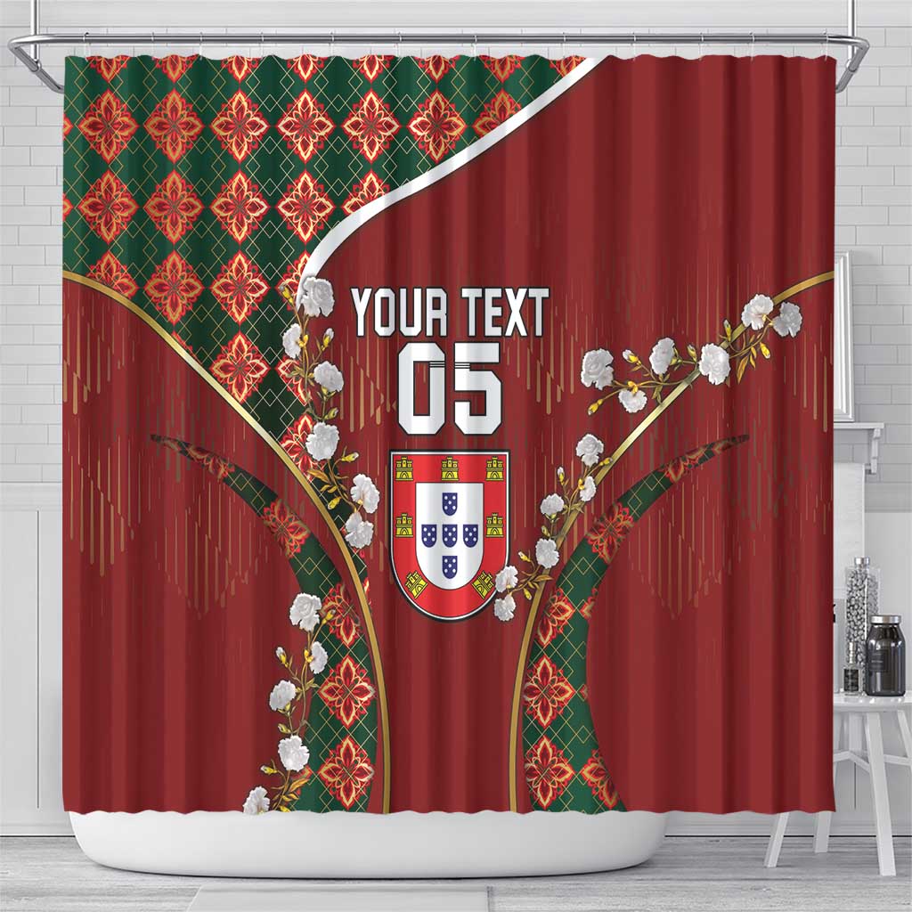 Custom Portugal Football Shower Curtain Floral Gold Carnation Crest Pattern Gold Accents