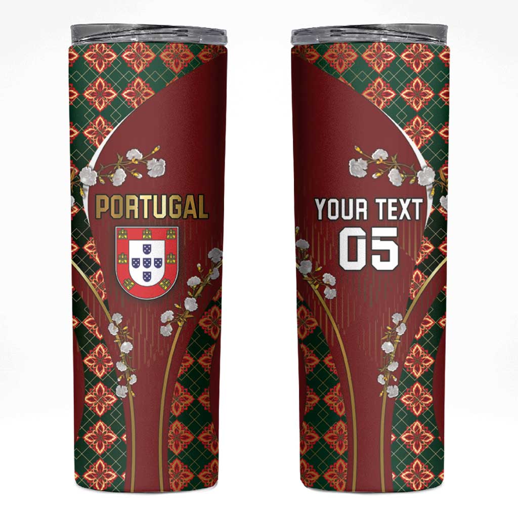 Custom Portugal Football Skinny Tumbler Floral Gold Carnation Crest Pattern Gold Accents