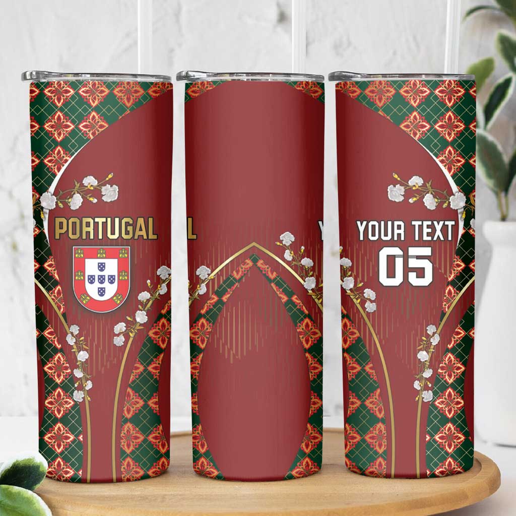 Custom Portugal Football Skinny Tumbler Floral Gold Carnation Crest Pattern Gold Accents