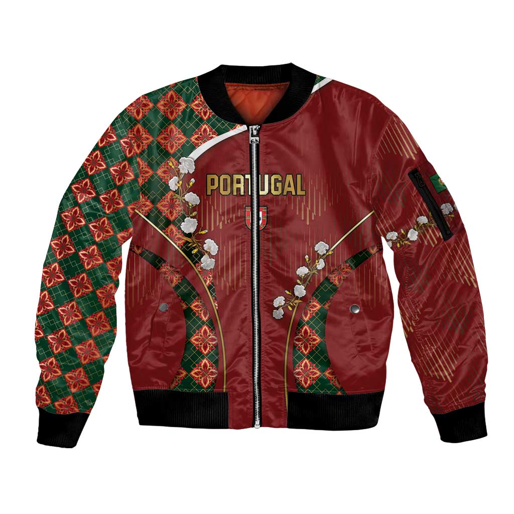 Custom Portugal Football Sleeve Zip Bomber Jacket Floral Gold Carnation Crest Pattern Gold Accents