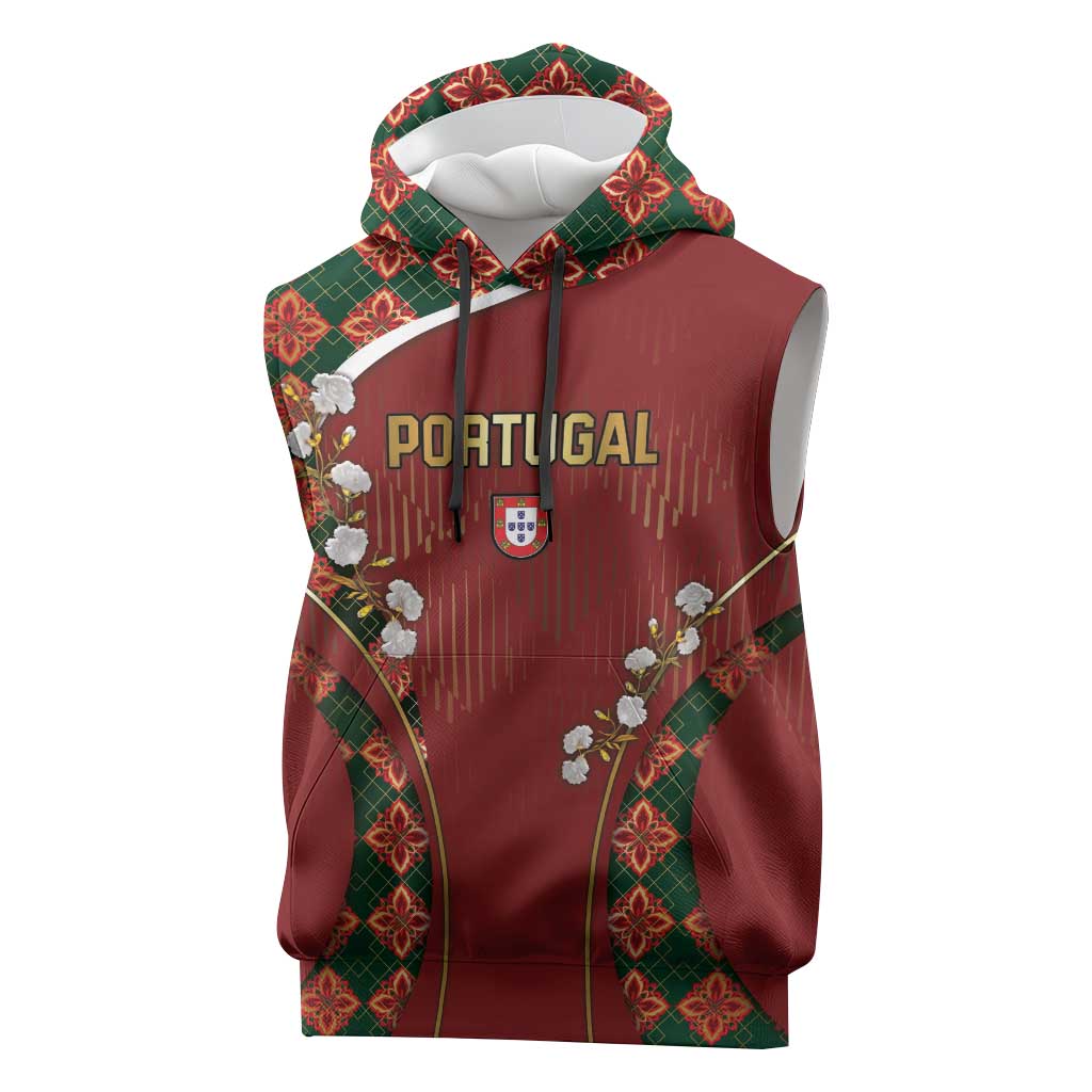 Custom Portugal Football Sleeveless Hoodie Floral Gold Carnation Crest Pattern Gold Accents