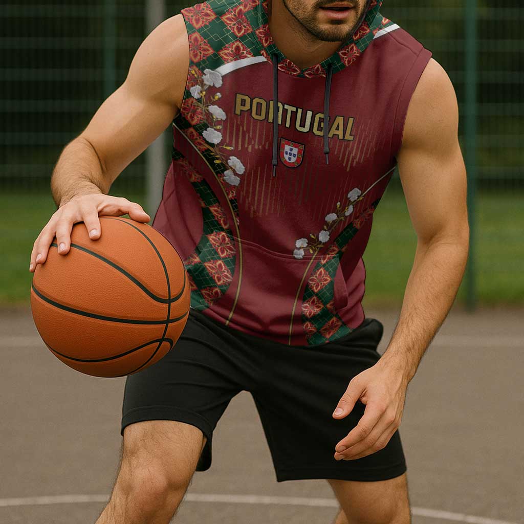 Custom Portugal Football Sleeveless Hoodie Floral Gold Carnation Crest Pattern Gold Accents