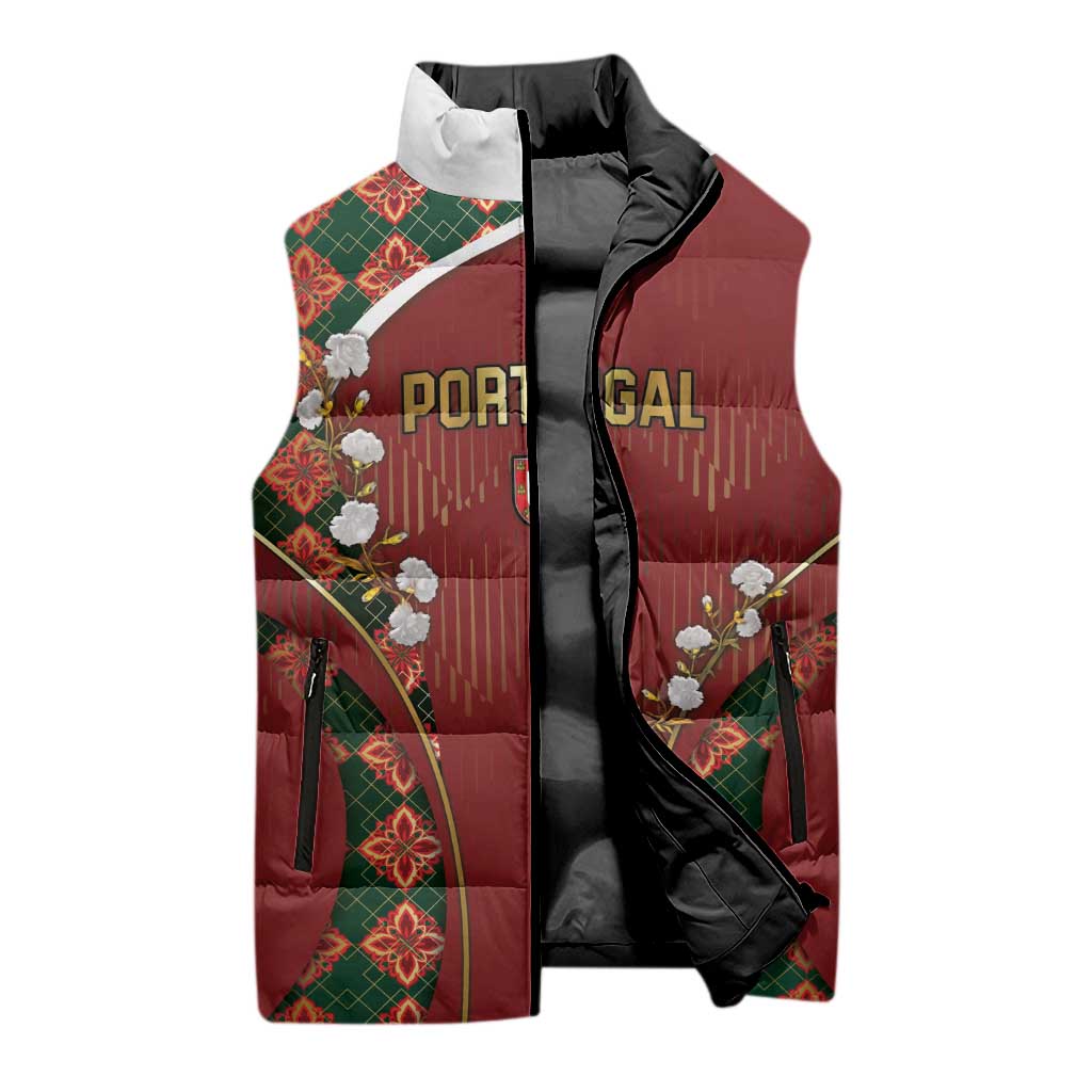 Custom Portugal Football Sleeveless Puffer Jacket Floral Gold Carnation Crest Pattern Gold Accents