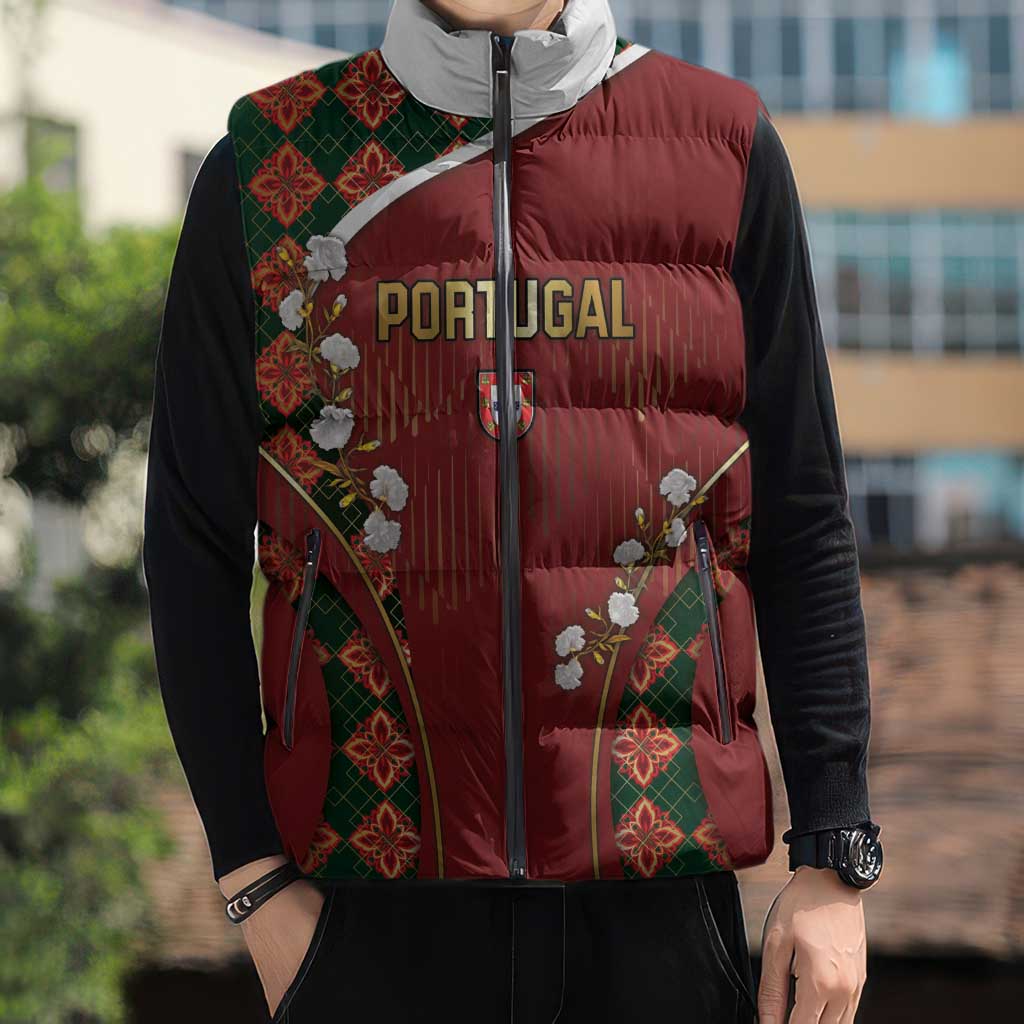 Custom Portugal Football Sleeveless Puffer Jacket Floral Gold Carnation Crest Pattern Gold Accents