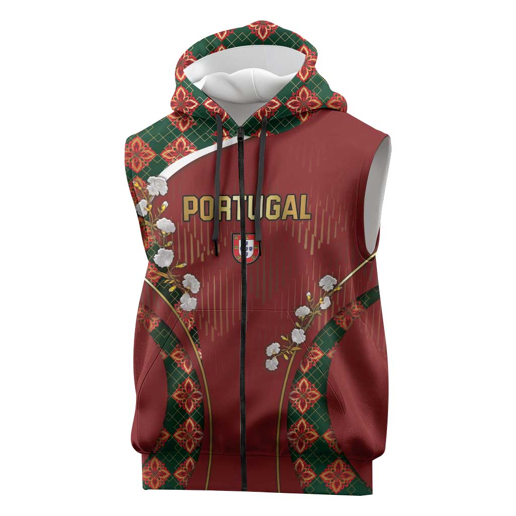 Custom Portugal Football Sleeveless Zip Hoodie Floral Gold Carnation Crest Pattern Gold Accents