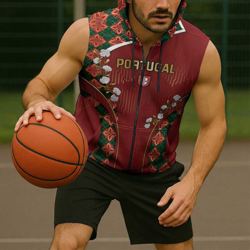 Custom Portugal Football Sleeveless Zip Hoodie Floral Gold Carnation Crest Pattern Gold Accents