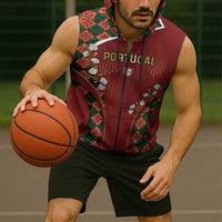 Custom Portugal Football Sleeveless Zip Hoodie Floral Gold Carnation Crest Pattern Gold Accents