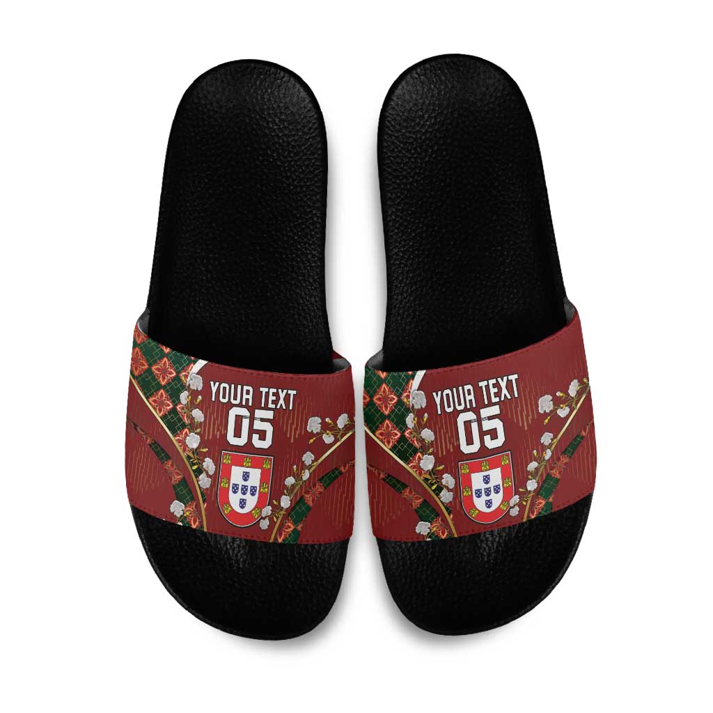 Custom Portugal Football Slide Sandals Floral Gold Carnation Crest Pattern Gold Accents
