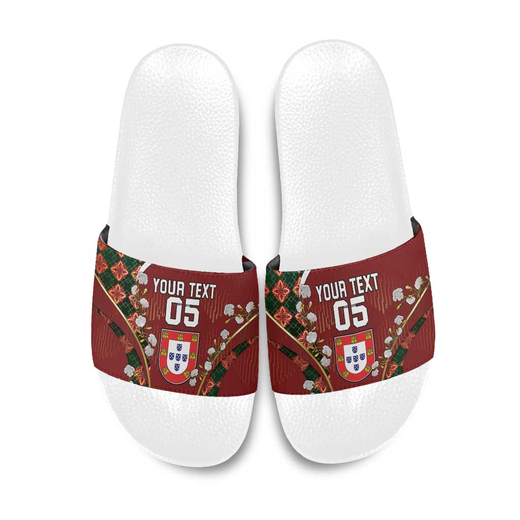 Custom Portugal Football Slide Sandals Floral Gold Carnation Crest Pattern Gold Accents