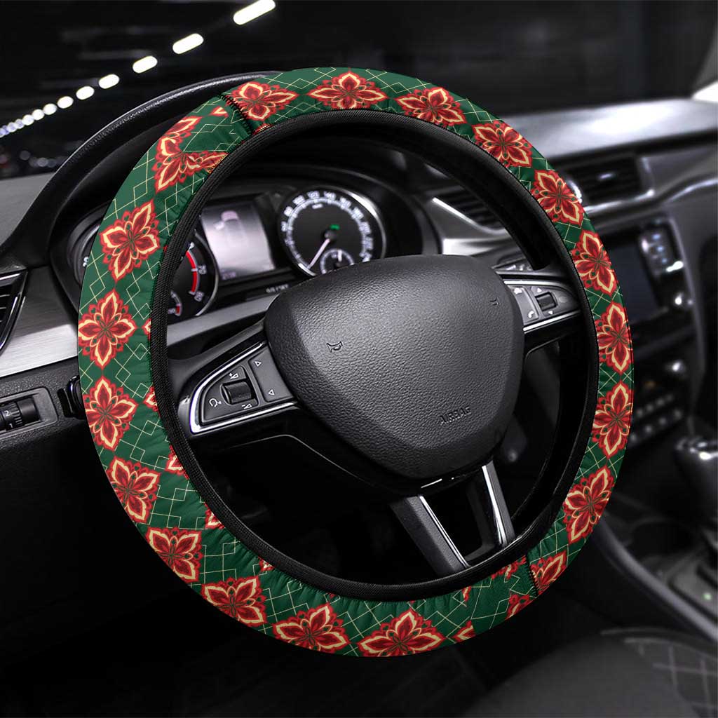 Portugal Football Steering Wheel Cover Floral Gold Carnation Crest Pattern Gold Accents