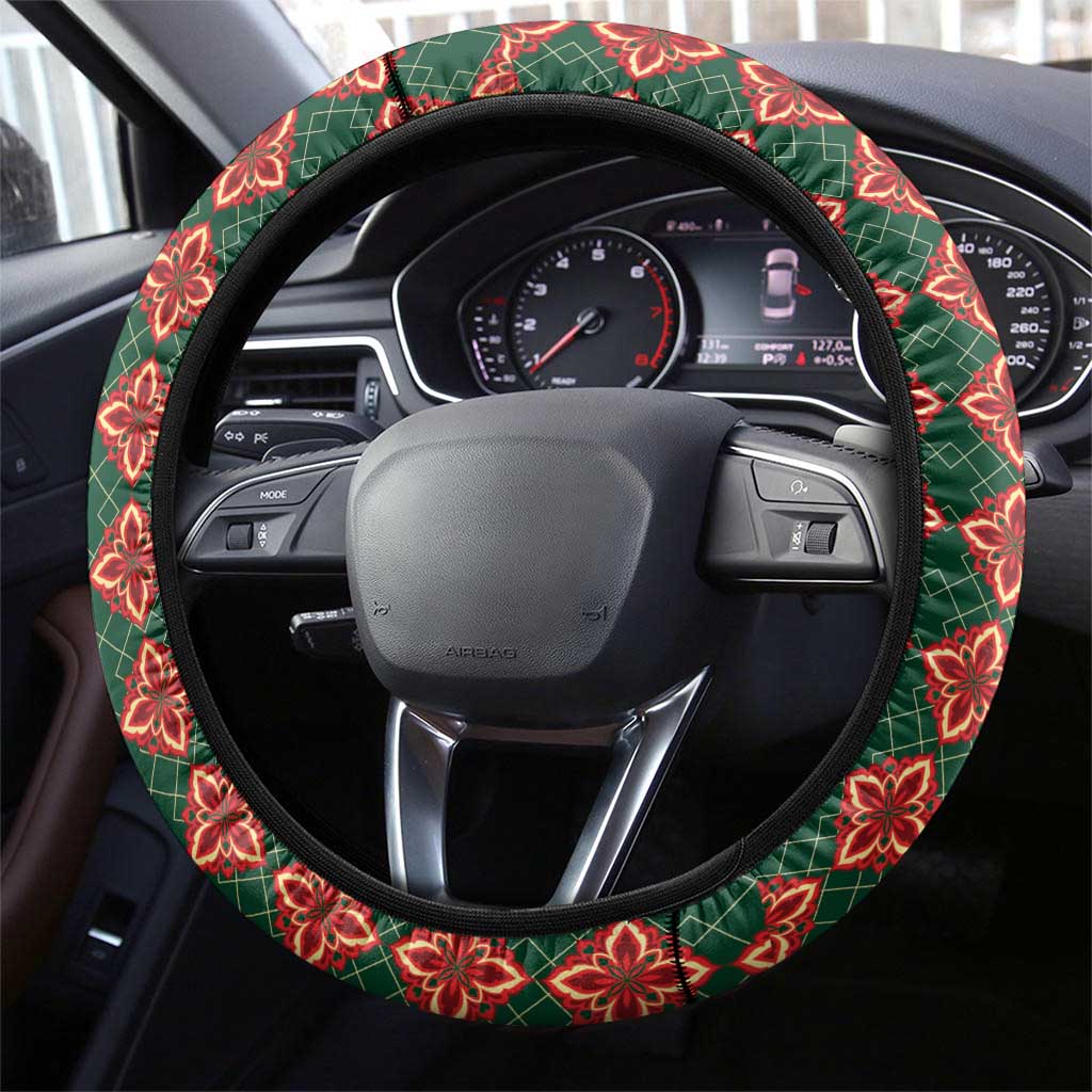 Portugal Football Steering Wheel Cover Floral Gold Carnation Crest Pattern Gold Accents