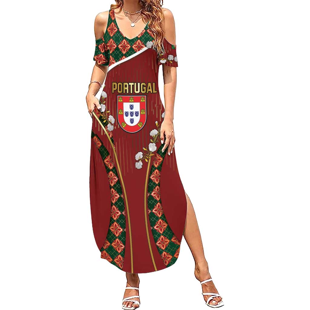 Custom Portugal Football Summer Maxi Dress Floral Gold Carnation Crest Pattern Gold Accents