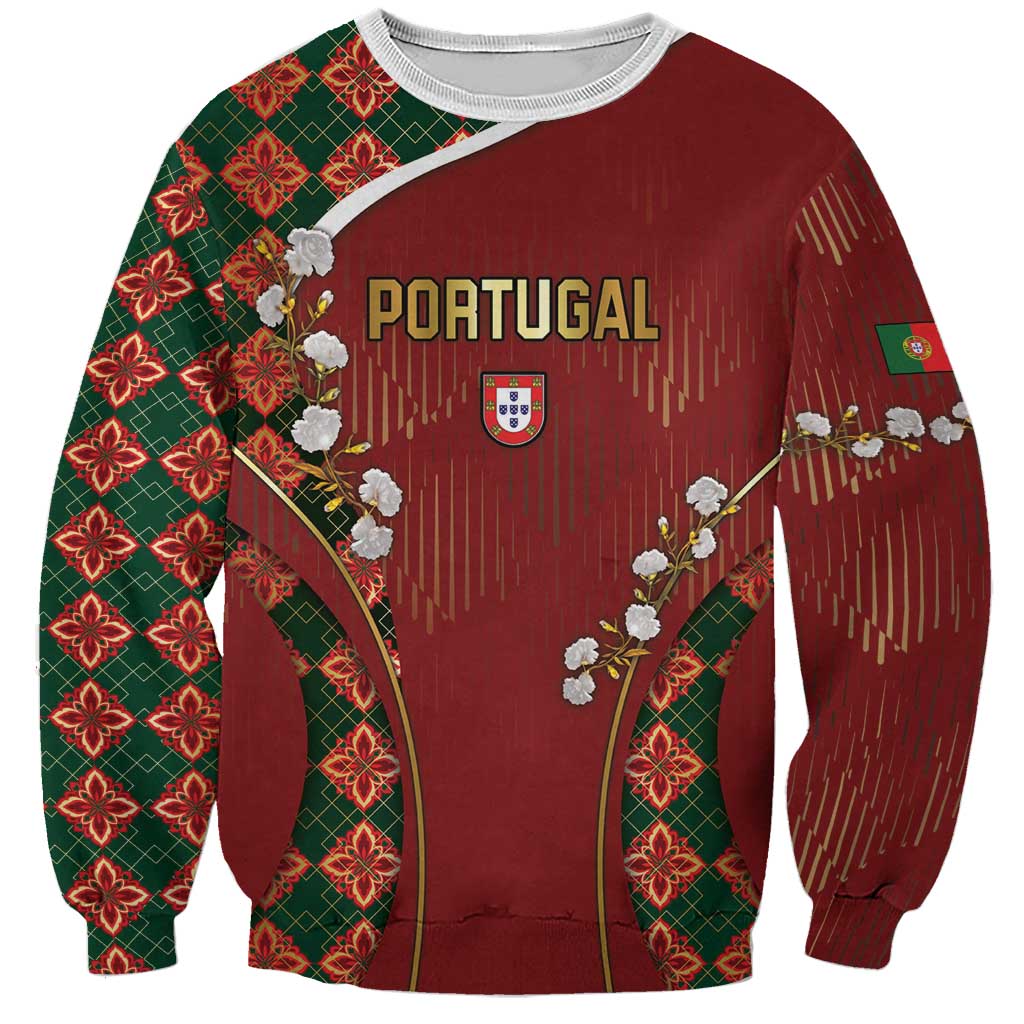Custom Portugal Football Sweatshirt Floral Gold Carnation Crest Pattern Gold Accents