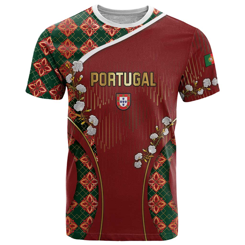 Custom Portugal Football T Shirt Floral Gold Carnation Crest Pattern Gold Accents
