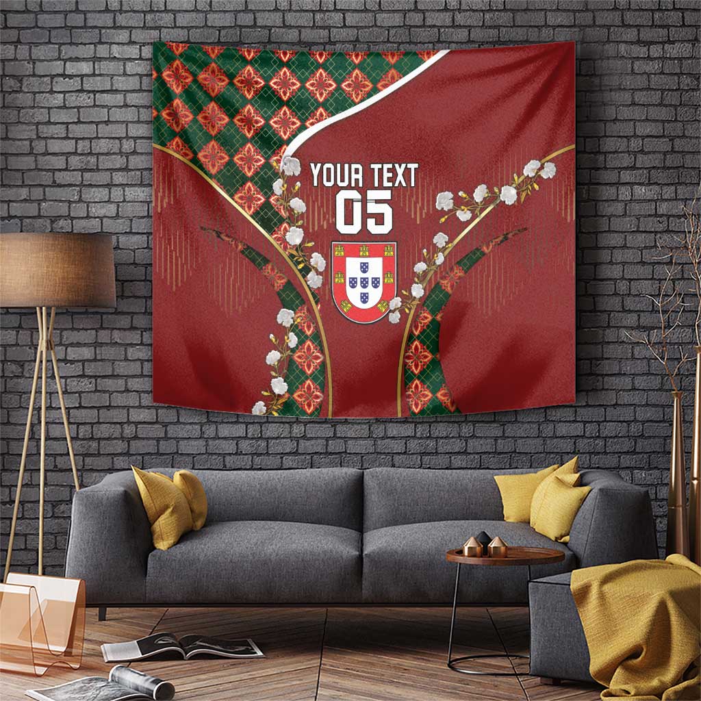 Custom Portugal Football Tapestry Floral Gold Carnation Crest Pattern Gold Accents