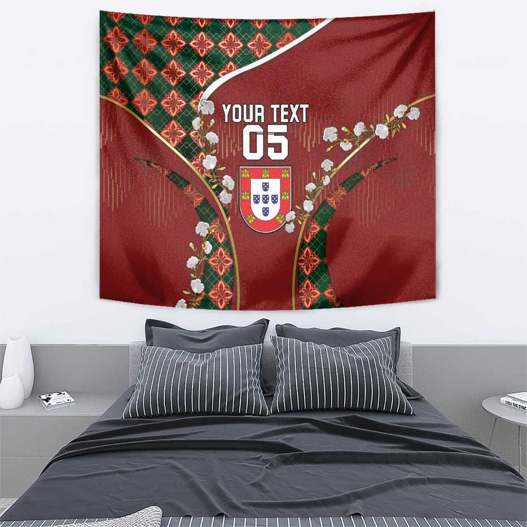 Custom Portugal Football Tapestry Floral Gold Carnation Crest Pattern Gold Accents