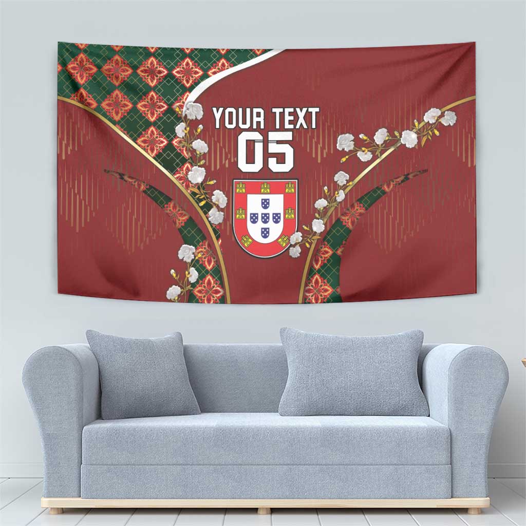 Custom Portugal Football Tapestry Floral Gold Carnation Crest Pattern Gold Accents
