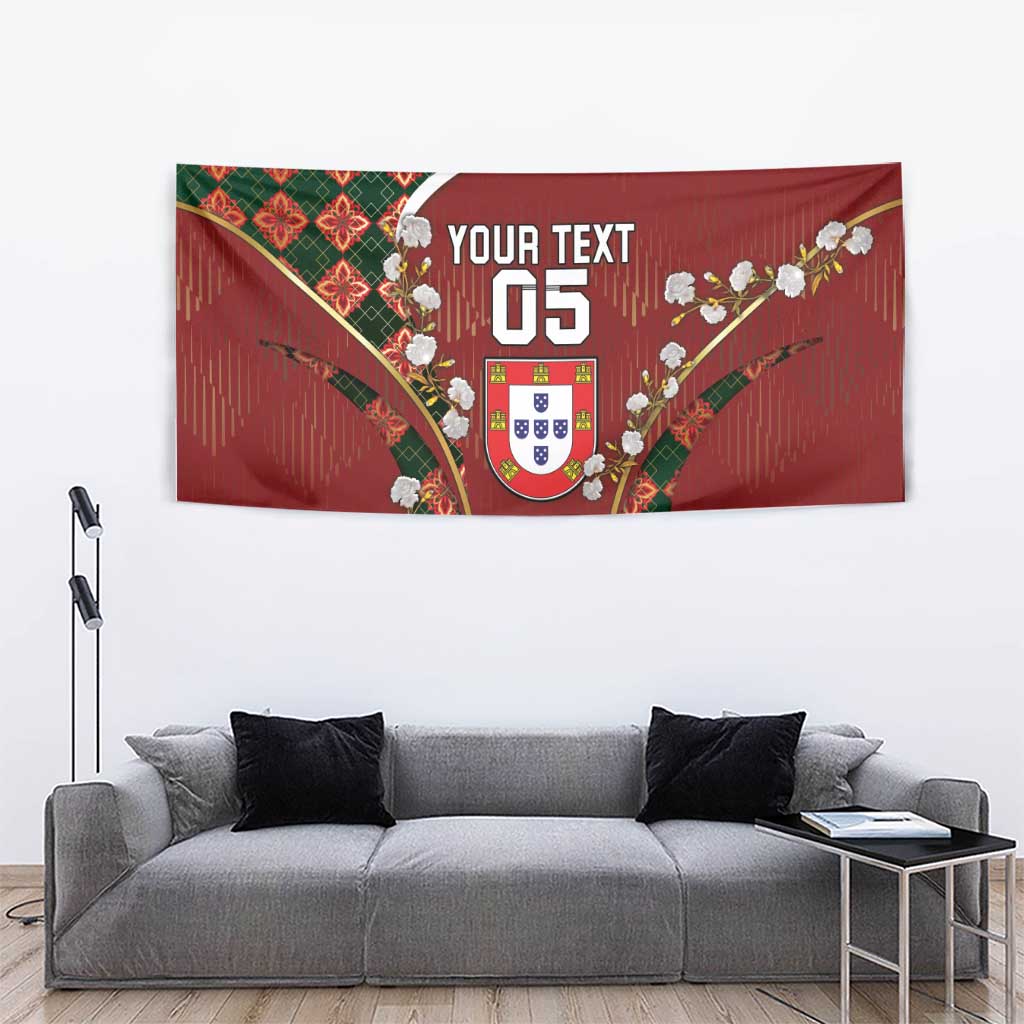 Custom Portugal Football Tapestry Floral Gold Carnation Crest Pattern Gold Accents