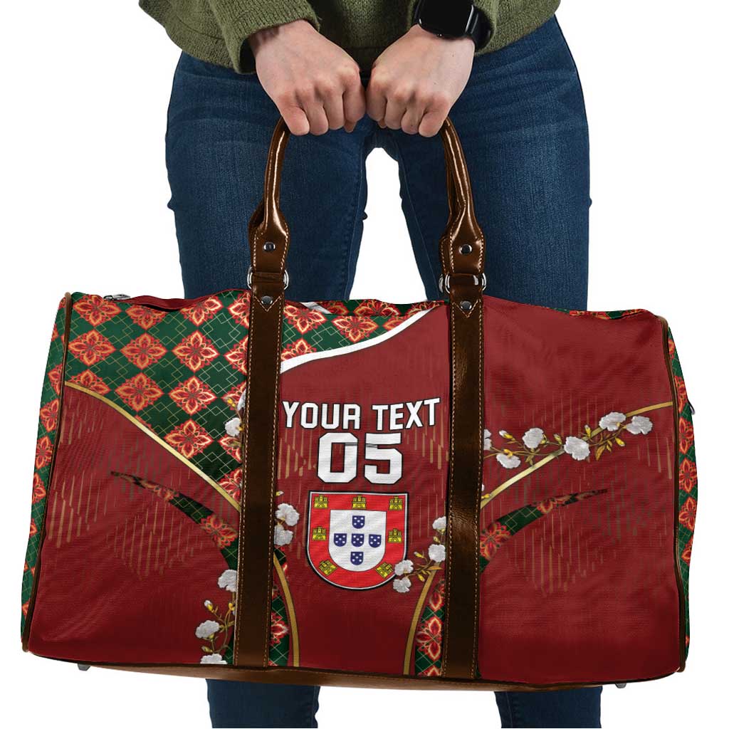 Custom Portugal Football Travel Bag Floral Gold Carnation Crest Pattern Gold Accents