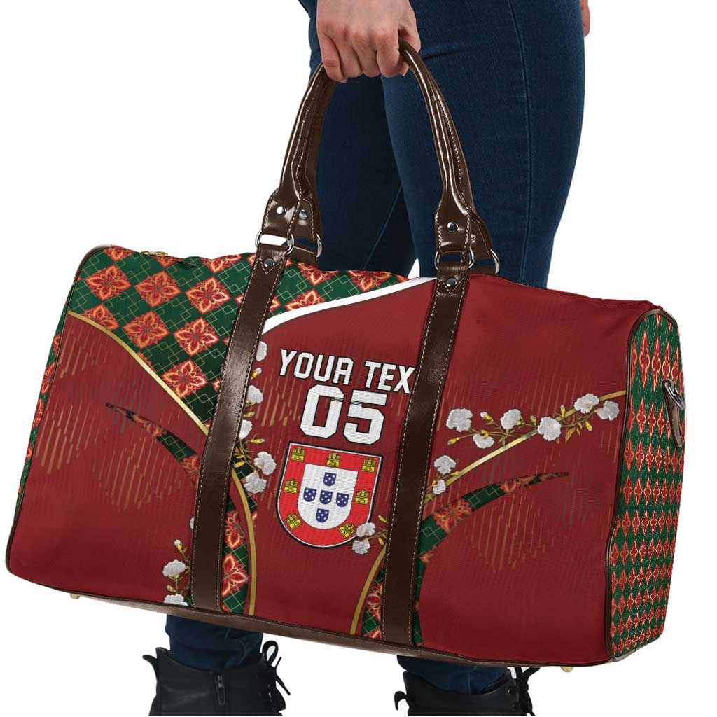 Custom Portugal Football Travel Bag Floral Gold Carnation Crest Pattern Gold Accents