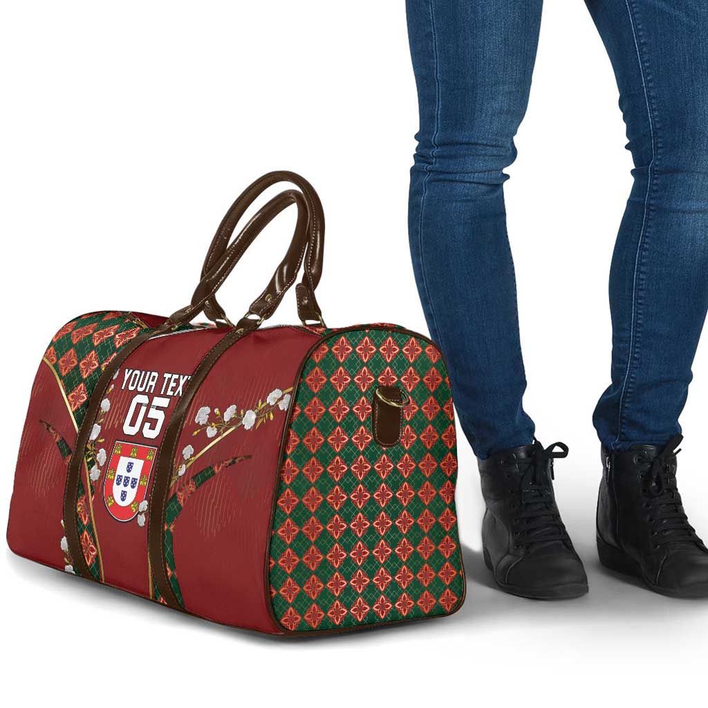 Custom Portugal Football Travel Bag Floral Gold Carnation Crest Pattern Gold Accents