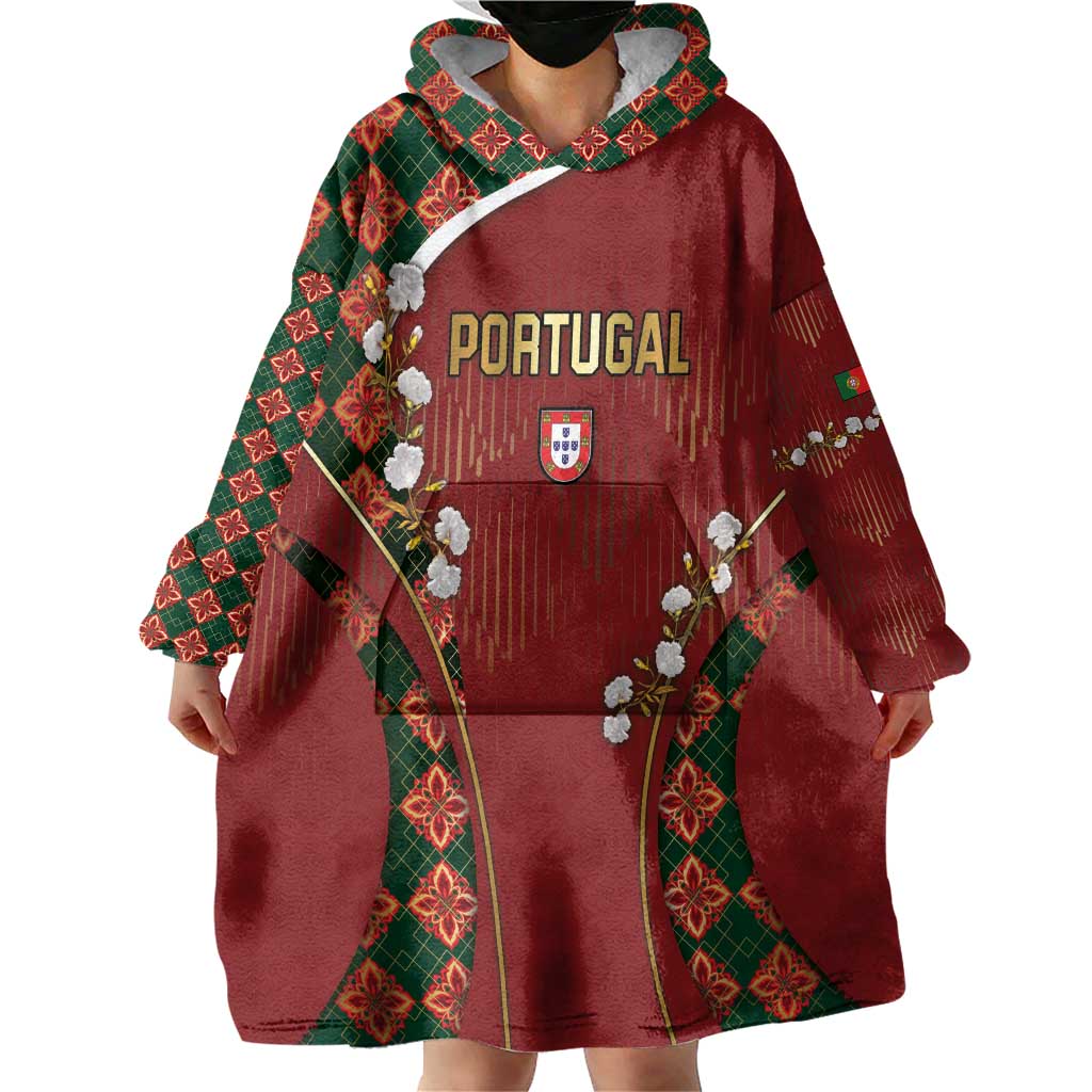 Custom Portugal Football Wearable Blanket Hoodie Floral Gold Carnation Crest Pattern Gold Accents