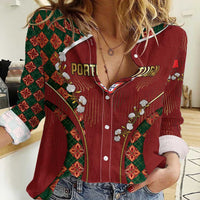 Custom Portugal Football Women Casual Shirt Floral Gold Carnation Crest Pattern Gold Accents