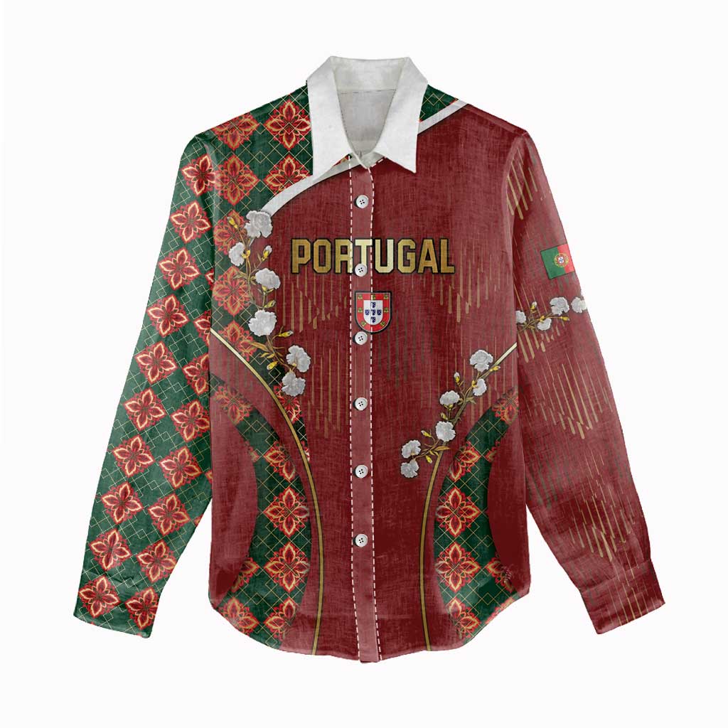 Custom Portugal Football Women Casual Shirt Floral Gold Carnation Crest Pattern Gold Accents