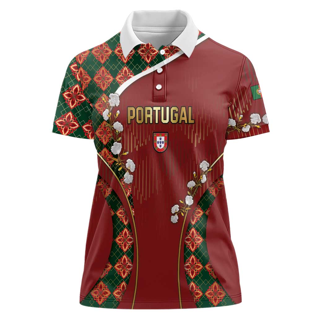 Custom Portugal Football Women Polo Shirt Floral Gold Carnation Crest Pattern Gold Accents