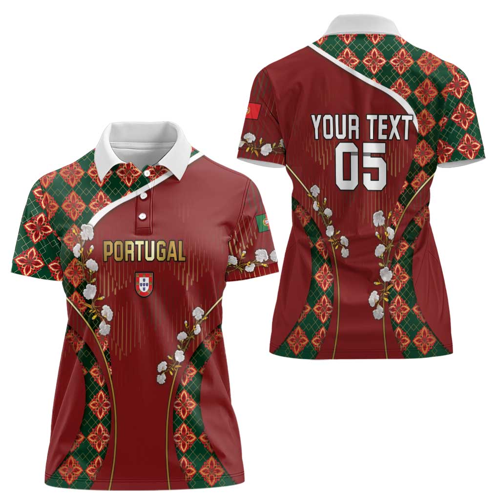 Custom Portugal Football Women Polo Shirt Floral Gold Carnation Crest Pattern Gold Accents