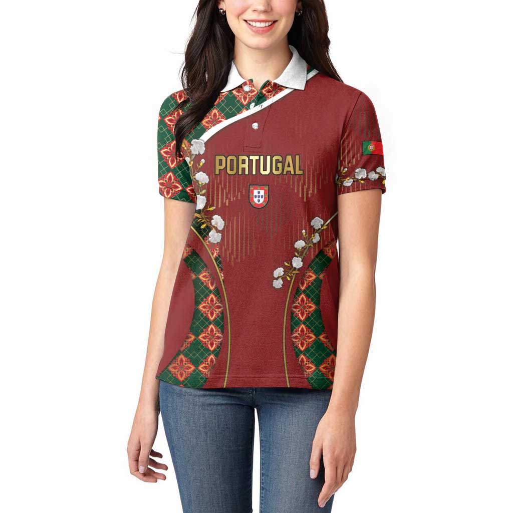 Custom Portugal Football Women Polo Shirt Floral Gold Carnation Crest Pattern Gold Accents