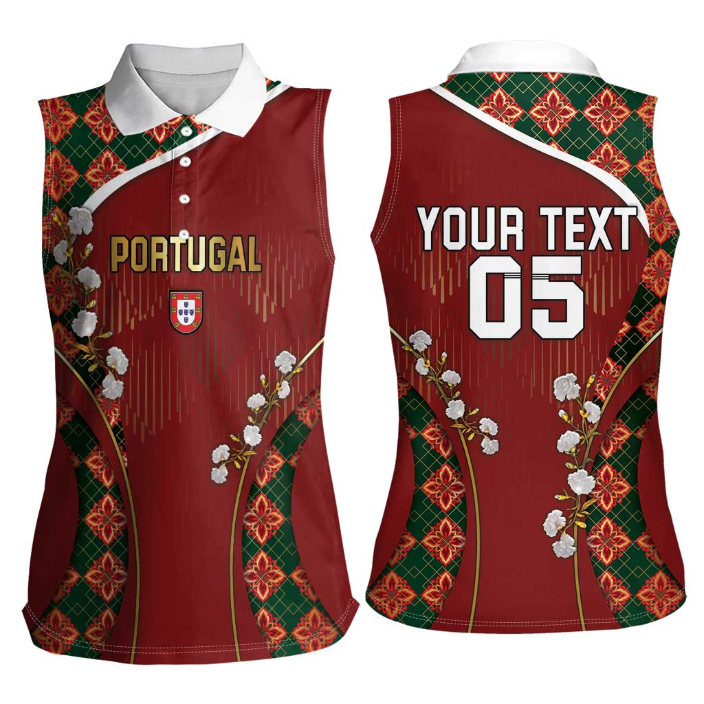 Custom Portugal Football Women Sleeveless Polo Shirt Floral Gold Carnation Crest Pattern Gold Accents