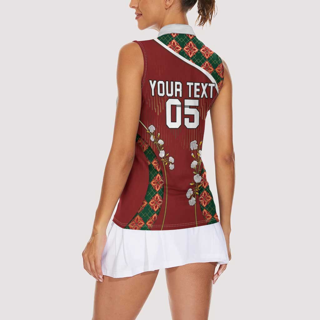 Custom Portugal Football Women Sleeveless Polo Shirt Floral Gold Carnation Crest Pattern Gold Accents
