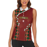 Custom Portugal Football Women Sleeveless Polo Shirt Floral Gold Carnation Crest Pattern Gold Accents