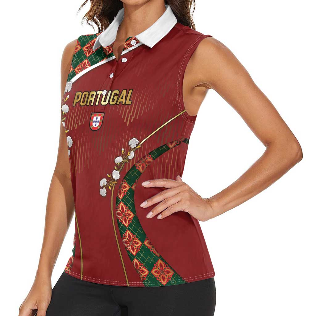 Custom Portugal Football Women Sleeveless Polo Shirt Floral Gold Carnation Crest Pattern Gold Accents