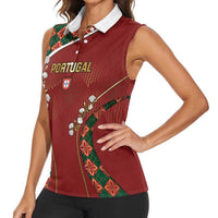 Custom Portugal Football Women Sleeveless Polo Shirt Floral Gold Carnation Crest Pattern Gold Accents
