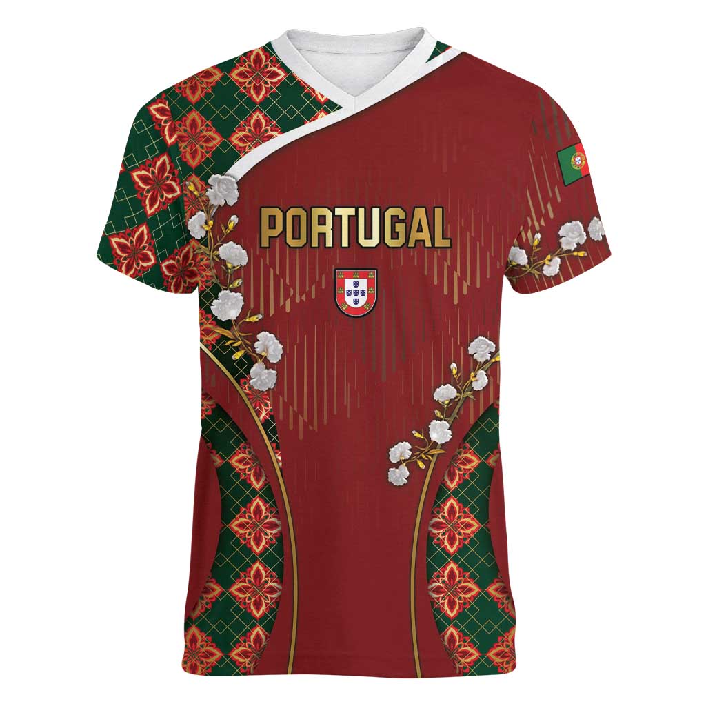 Custom Portugal Football Women V-Neck T-Shirt Floral Gold Carnation Crest Pattern Gold Accents