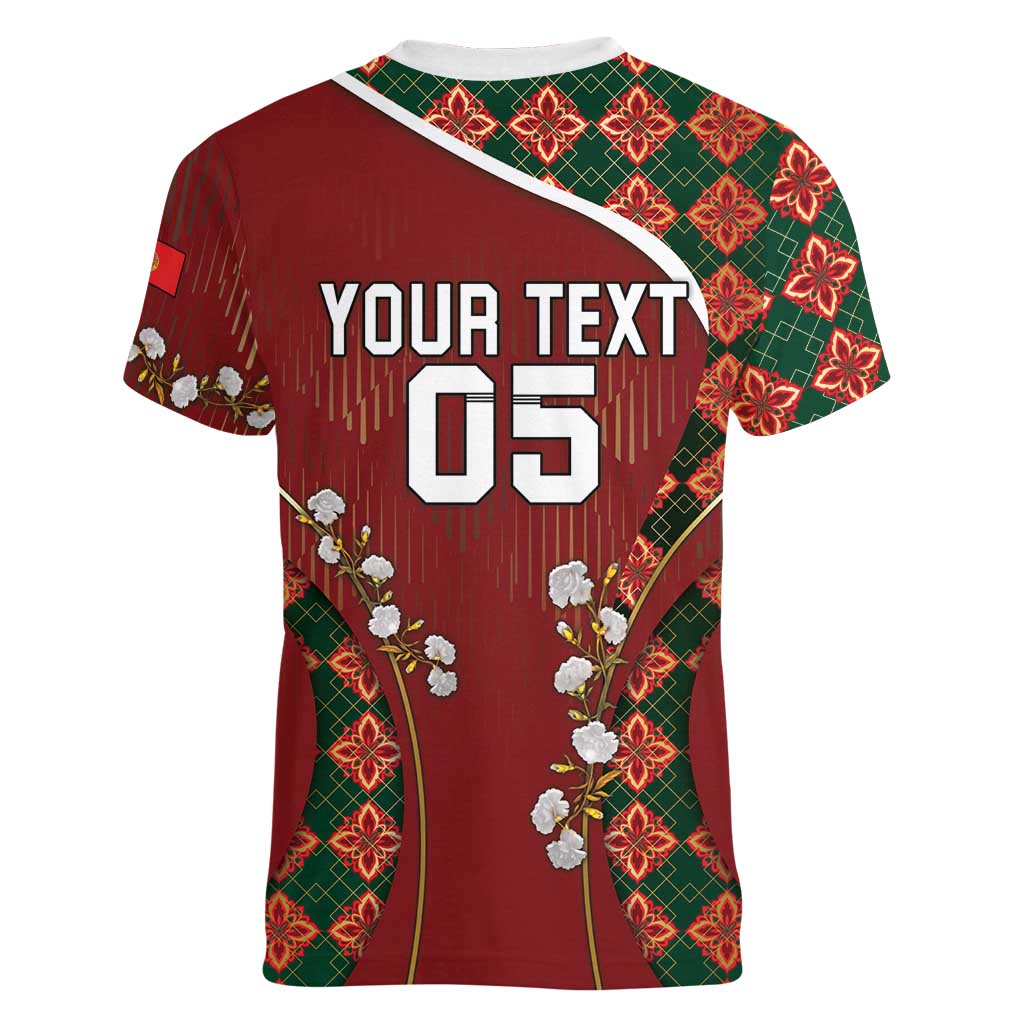 Custom Portugal Football Women V-Neck T-Shirt Floral Gold Carnation Crest Pattern Gold Accents