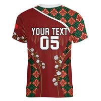 Custom Portugal Football Women V-Neck T-Shirt Floral Gold Carnation Crest Pattern Gold Accents