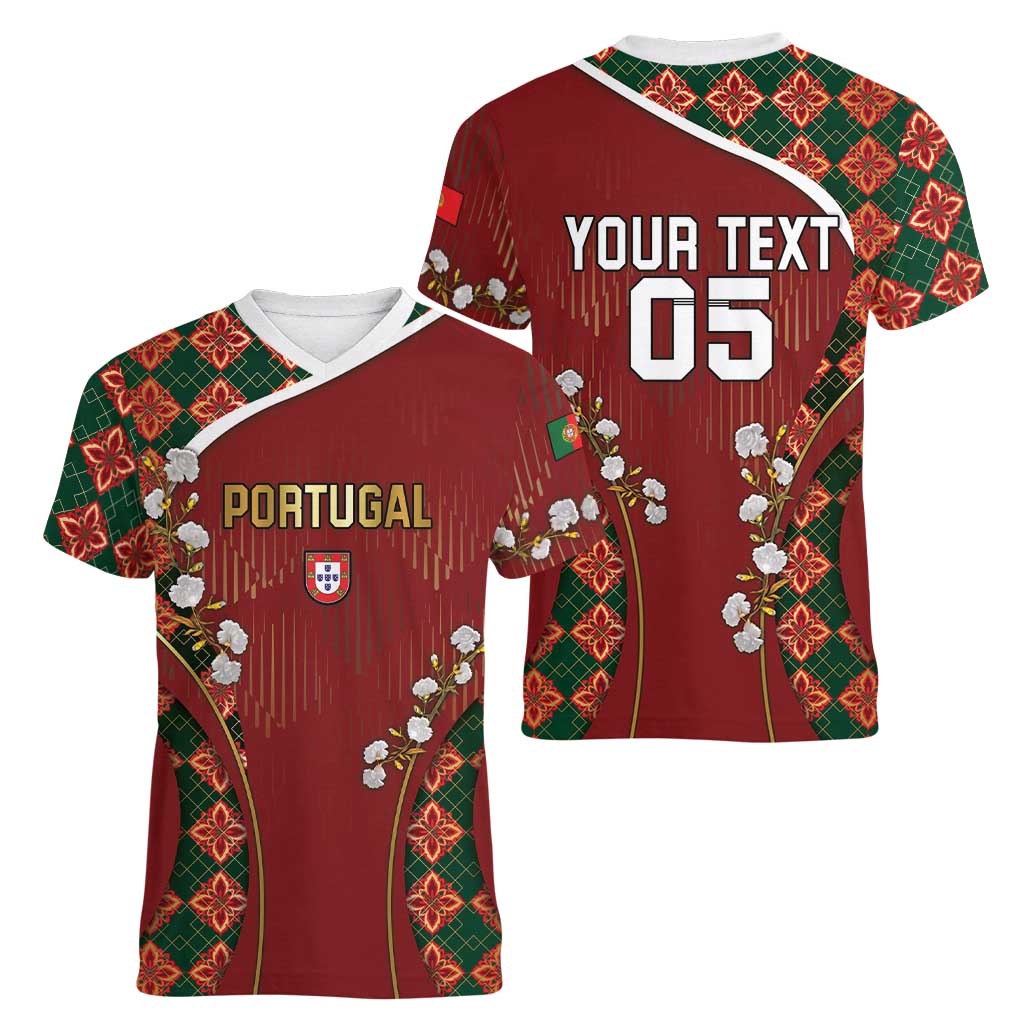 Custom Portugal Football Women V-Neck T-Shirt Floral Gold Carnation Crest Pattern Gold Accents