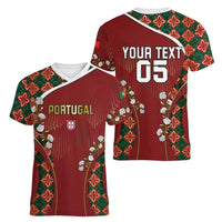 Custom Portugal Football Women V-Neck T-Shirt Floral Gold Carnation Crest Pattern Gold Accents