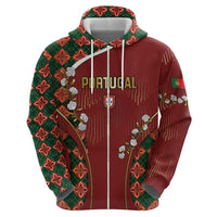 Custom Portugal Football Zip Hoodie Floral Gold Carnation Crest Pattern Gold Accents